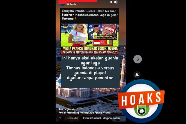 Tangkapan layar Facebook narasi yang menyebut play-off Olimpiade Paris 2024 digelar tertutup karena pelatih Guinea takut dengan suporter Indonesia