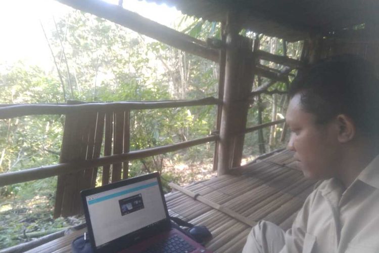 Seorang Guru Garis Terdepan di Pedalaman Manggarai Barat, NTT mencari signal internet di Bukit Sewo untuk mengikuti pelatihan Pembelajaran Teknologi, Rabu, (26/8/2020). (HANDOUT/Sefrianus Jemandu)
