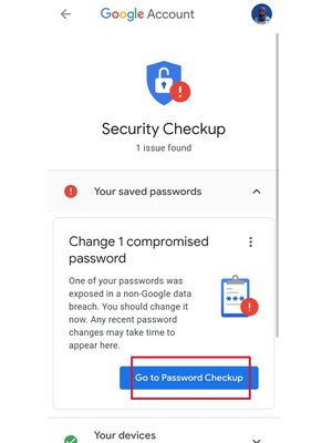 Ilustrasi bila ditemukan salah satu password yang disimpan di password manager Google terdeteksi telah dibobol. Pengguna diarahkan untuk melakukan pemeriksaan password, dan mengubahnya.
