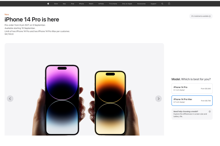 Banderol harga iPhone 14 Pro dan iPhone 14 Pro Max di Singapura.