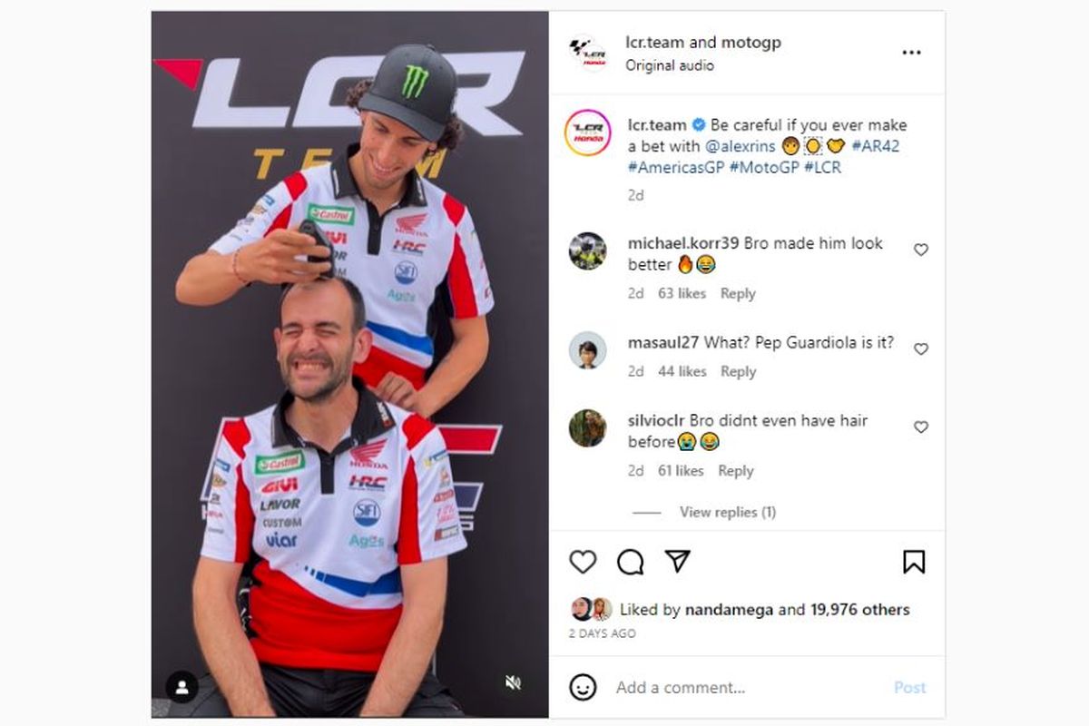 Alex Rins memotong rambut mekaniknya karena kalah taruhan dari Rins di MotoGP Amerika 2023