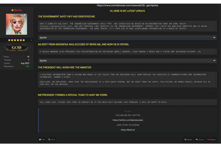 Tangkapan layar postingan terbaru Bjorka di Breached Forums, Kamis (15/9/2022).