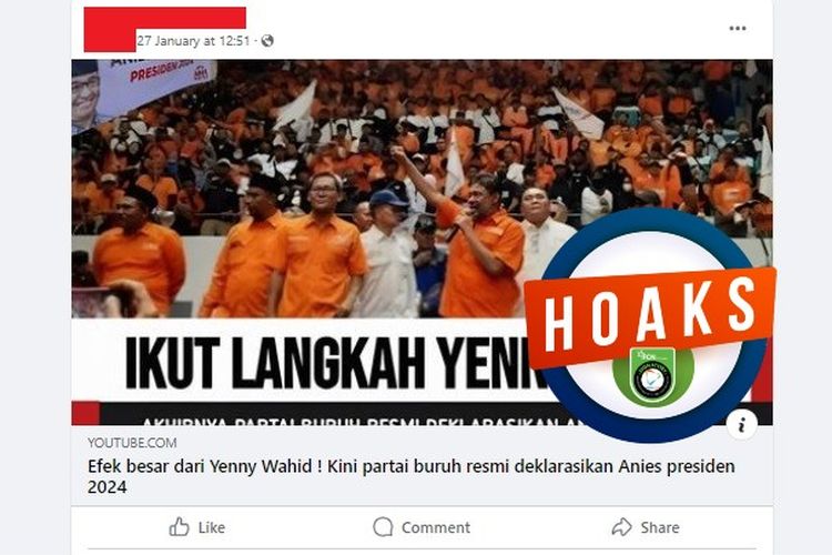 Tangkapan layar Facebook narasi yang menyebut Partai Buruh resmi mendukung Anies Baswedan