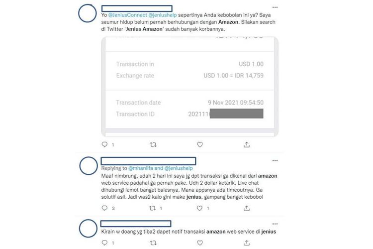 Tangkapan layar Twit user Jenius yang mengaku kena charge 1-2 US Dollar dari Amazon