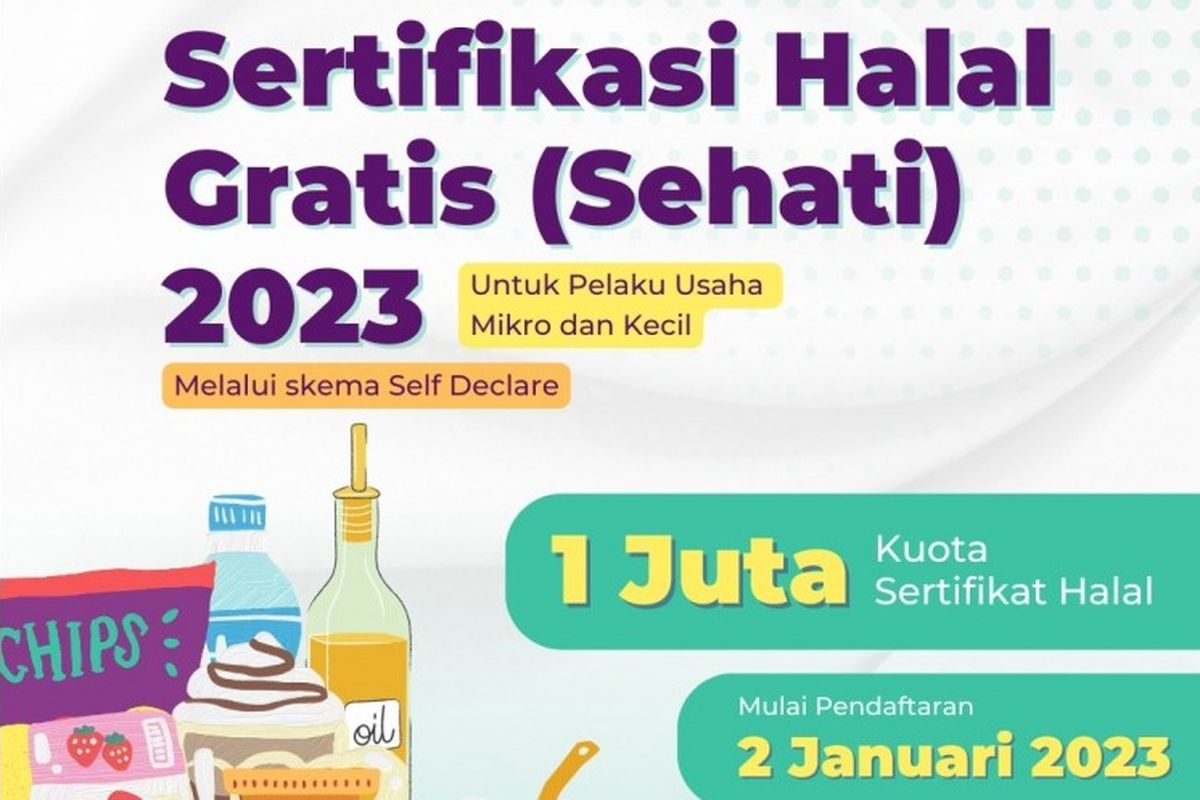 Pendaftaran sertifikasi halal gratis dapat dilakukan secara online melalui aplikasi Pusaka Superapps Kementerian Agama atau di laman ptsp.halal.go.id.