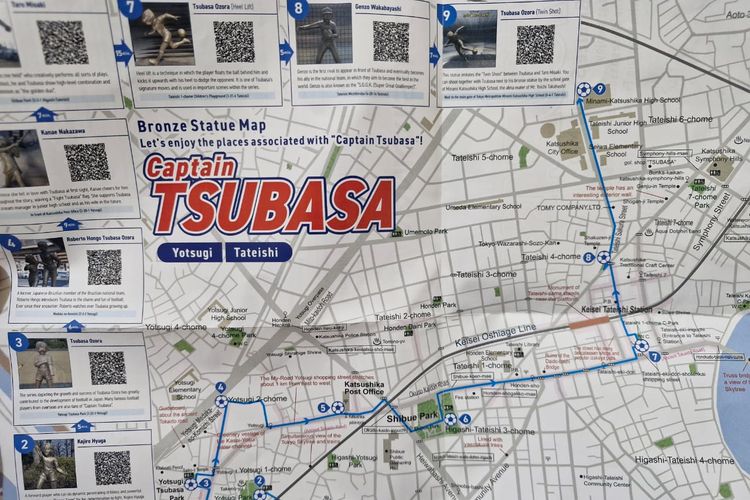 Peta sekitar Stasiun Yotsugi di Tokyo, Jepang, yang bisa digunakan wisatawan untuk berkeliling mengunjungi patung-patung perunggu karakter di serial Captain Tsubasa.