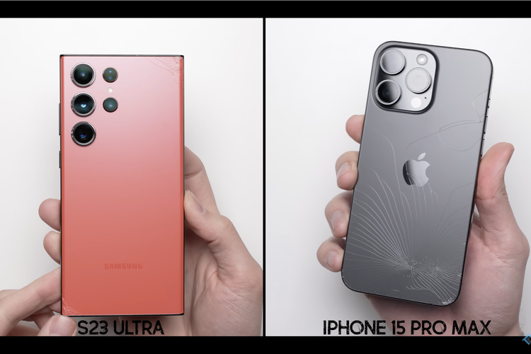 Uji jatuh pertama, menguji ketahanan dari punggung iPhone 15 Pro Max dan Galaxu S23 Ultra