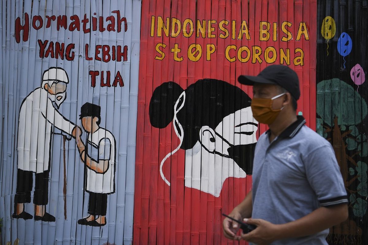 Seorang warga melintasi mural ajakan melawan penyebaran virus corona atau COVID-19 di Kalipasir, Jakarta, Jumat (10/4/2020). Selain peran pemerintah dalam penanganan COVID-19, diperlukan juga peran serta masyarakat untuk menjaga wilayah masing-masing sehingga penyebaran dapat ditekan. ANTARA FOTO/Wahyu Putro A/pras.