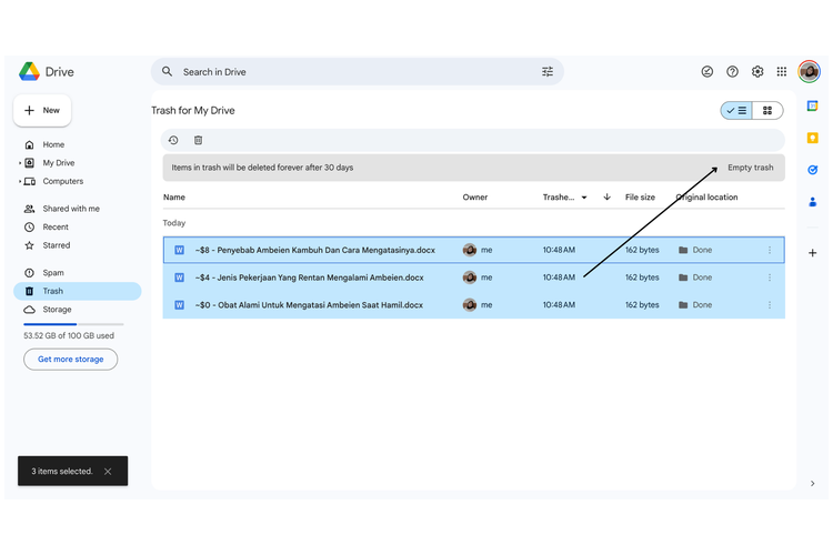 Ilustrasi cara hapus folder trash di Google Drive 