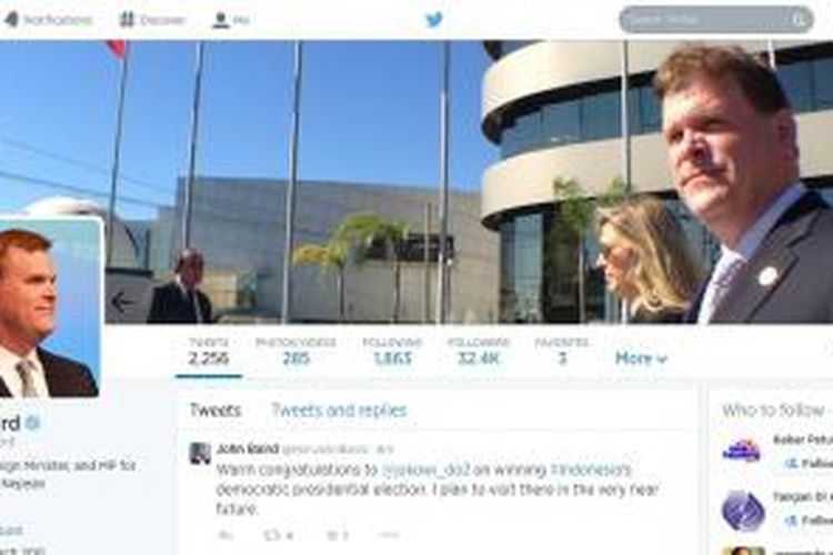 Menteri Luar Negeri Kanada, John Baird, mengirimkan ucapan selamat untuk presiden terpilih Joko Widodo lewat akun Twitter terverifikasi, Selasa (22/7/2014).