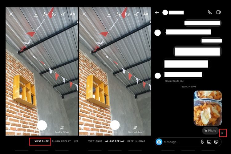 Cara mengirim pesan view once atau sekali lihat di DM Instagram. Apabila penerima pesan melakukan screenshot, pengirim akan mendapat notifikasi di sisi kanan pesan (gambar ujung kanan).