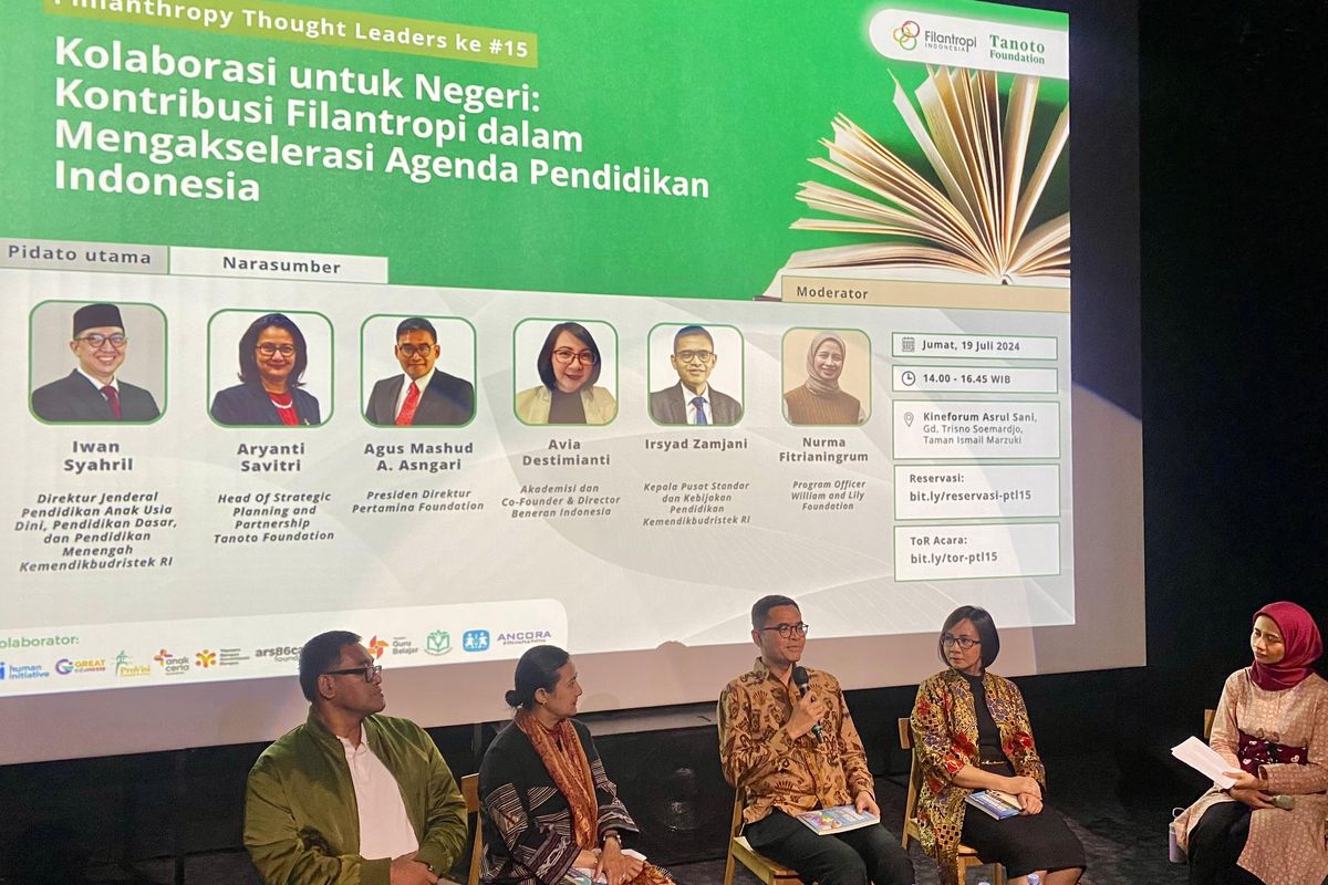 Perhimpunan Filantropi Indonesia (PFI) bersama Tanoto Foundation dan Klaster Filantropi Pendidikan menyelenggarakan peluncuran buku yang dikemas melalui Philanthropy Thought Leaders (PTL) ke-15 dengan judul ?Kolaborasi untuk Negeri: Kontribusi Filantropi dalam Mengakselerasi Agenda Pendidikan Indonesia? di Gedung Trisno Soemardjo, Taman Ismail Marzuki, Jakarta pada Jumat (19/7/2024). 