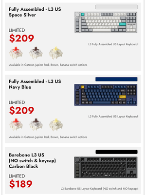 Beberapa pilihan paket backing dan warna dari keyboard Lemokey L3 di Kickstarter