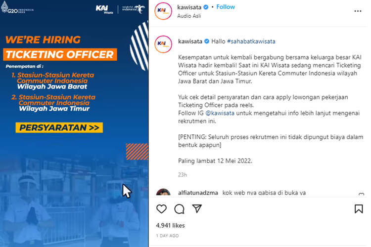 Tangkapan layar unggahan akun Instagram resmi KAI Pariwisata, @kawisata, yang menginformasikan tentang lowongan kerja sebagai ticketing officer.