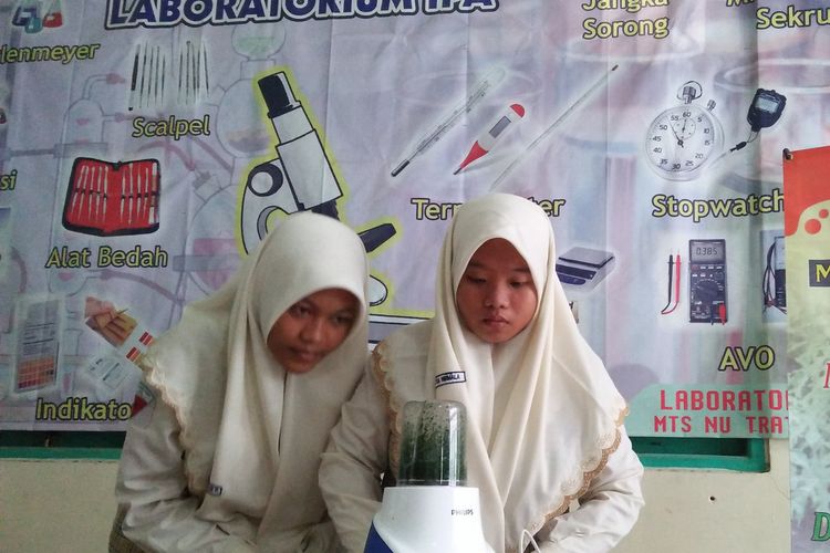 Keysa Nirmala (kanan) dan Az-Zahra Hijriyah Wibowo (15), dua siswi kelas sembilan MTs NU Tratee Gresik, saat menunjukkan cara mengolah daun pepaya Jepang menjadi bahan larvasida nyamuk.