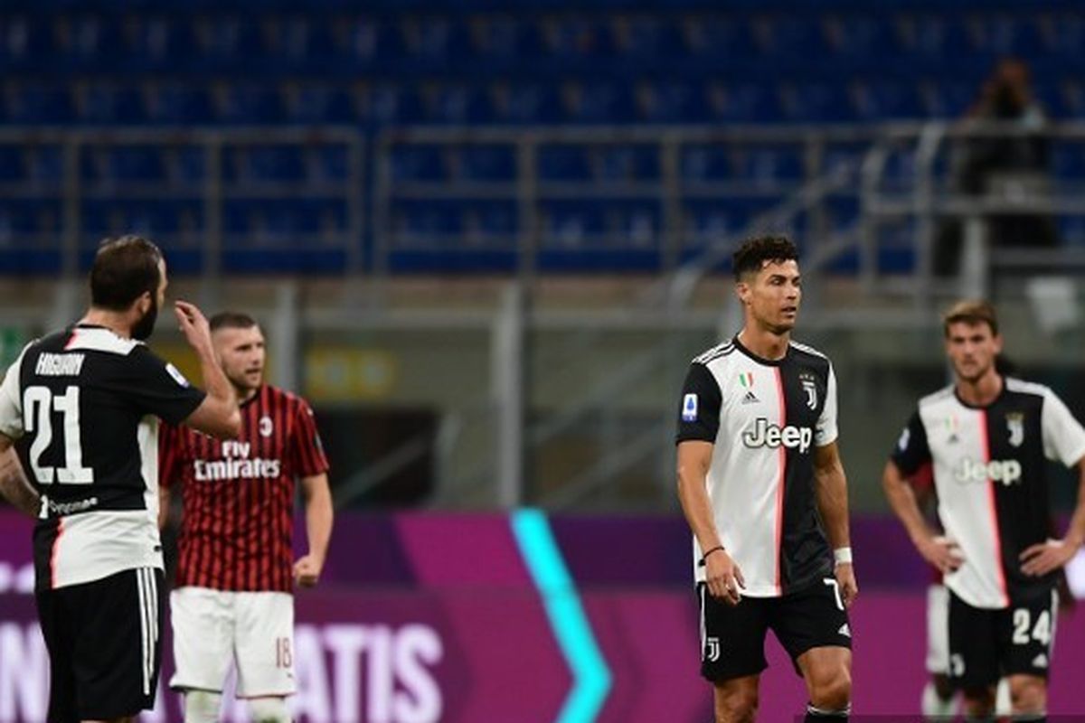 Reaksi Cristiano Ronaldo dan Gonzalo Higuain selepas kebobolan tiga gol dalam laga AC Milan vs Juventus pada lanjutan Liga Italia 2019-2020 di Stadion San Siro, Selasa (7/7/2020) malam waktu setempat atau Rabu (8/7/2020) dini hari WIB. 