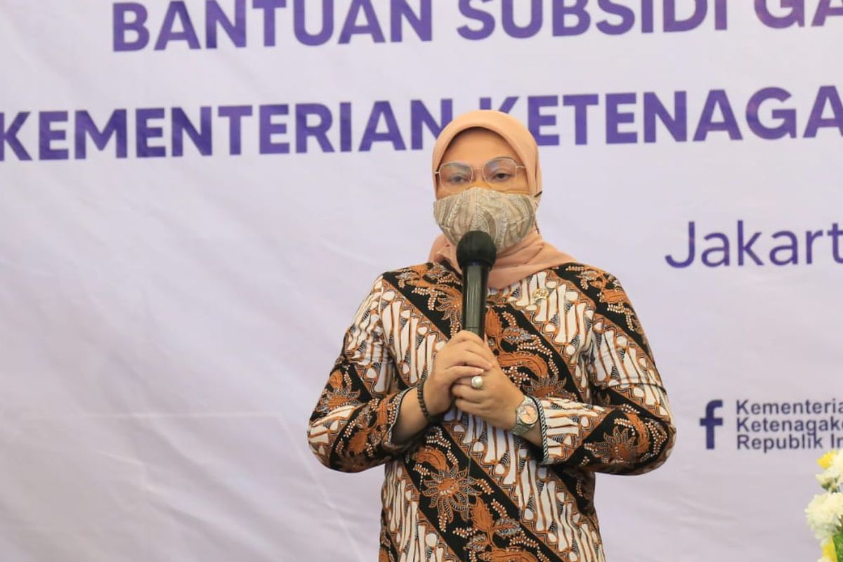 Menteri Ketenagakerjaan (Menaker) Ida Fauziyah dalam Konferensi Pers Bantuan Subsidi Gaji atau Upah (BSU) pada Jumat (30/7/2021).