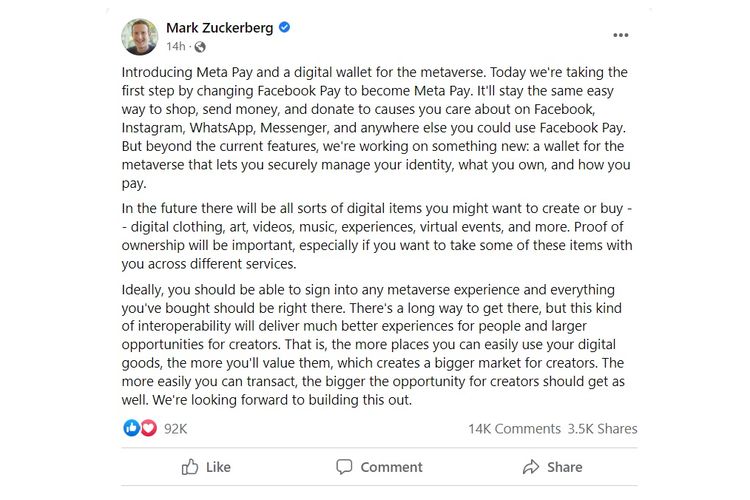 Postingan Mark Zuckerberg mengumumkan perubahan Facebook Pay jadi Meta Pay