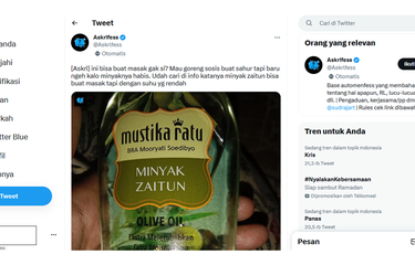 Tangkapan layar unggahan yang mempertanyakan minyak zaitun untuk melembabkan kulit bisa dijadikan minyak untuk menggoreng