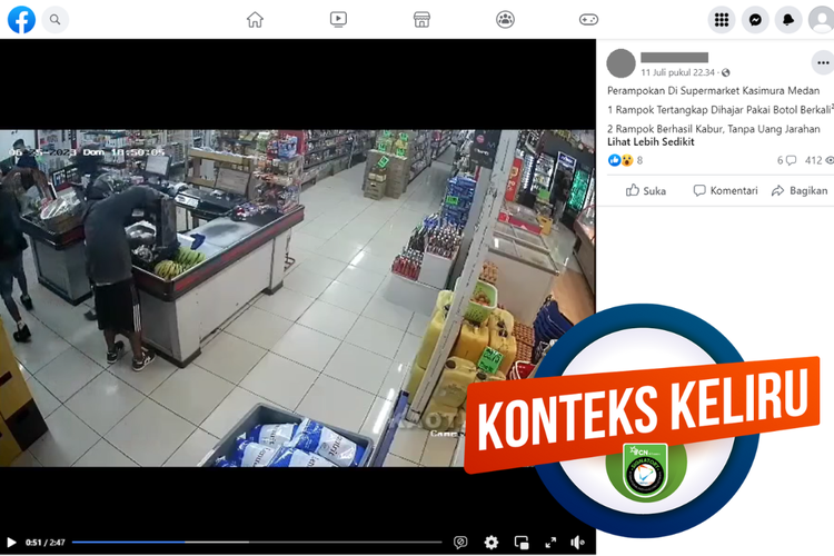 Tangkapan layar unggahan dengan narasi hoaks di sebuah akun Facebook, Selasa (11/7/2023), soal video perampokan pasaraya yang diklaim terjadi di Medan.