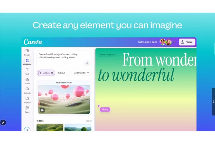Fitur AI Where You Work diwakilkan dengan kotak prompt di setiap tab, mulai dari tab desain (bikin template), elemen (gambar, video, obyek 3D, dll). Pengguna tinggal memasukkan perintah yang lengkap dan klik ikon bintang untuk membuat desain, gambar, video, dan lainnya.
