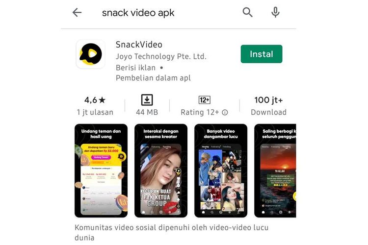Tangkapan layar Snack Video di Playstore Jumat (26/2/2021).