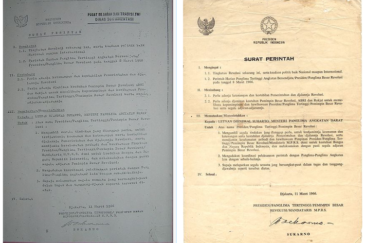 Salinan 2 versi Supersemar atau Surat Perintah 11 Maret 1966.