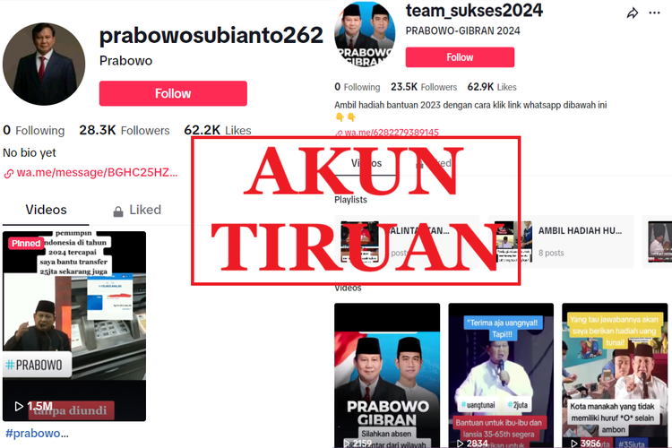 Tangkapan layar akun TikTok tiruan mengatasnamakan Prabowo Subianto, yang menawarkan uang jutaan rupiah.