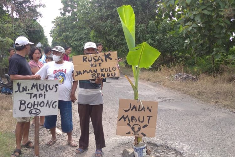 Protes jalan rusak, warga Dusun Kedondong, Desa Blimbing, Kecamatan Kesamben, Kabupaten Jombang, menanam pohon pisang di jalan berlubang, Rabu (5/1/2022).