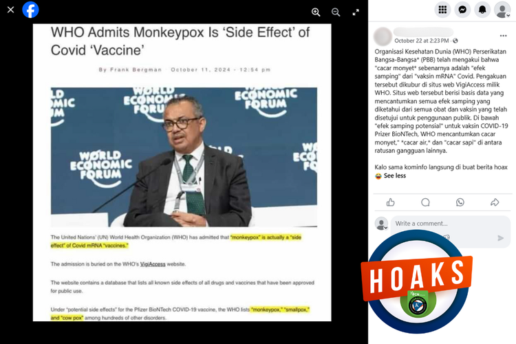 Tangkapan layar konten hoaks di sebuah akun Facebook, 22 Oktober 2024, mengenai WHO mengakui mpox adalah efek samping Covid-19.