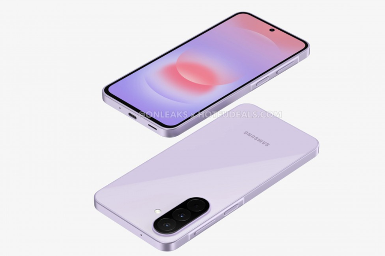 Render Samsung Galaxy A27 yang memperlihatkan desain bodi dengan layar datar serta modul tiga kamera belakang yang disusun vertikal.