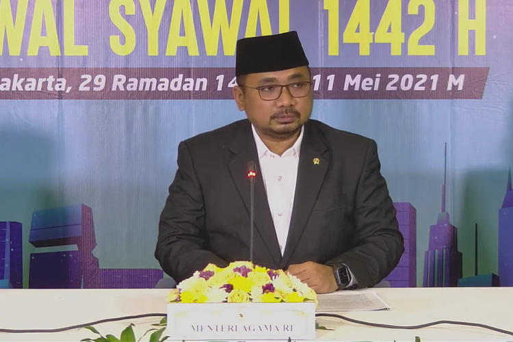 Menteri Agama Yaqut Cholil Qoumas saat memimpin sidang isbat penetapan 1 Syawal 1442 H. Idul Fitri diputuskan jatuh pada Kamis (13/4/2021).