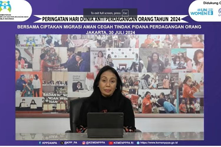 Tangkapan layar dari video yang menampilkan Menteri Pemberdayaan Perempuan dan Perlindungan Anak (PPPA) Bintang Puspayoga saat berpidato dalam Peringatan Hari Dunia Anti Perdagangan Orang 2024, Selasa (30/7/2024).