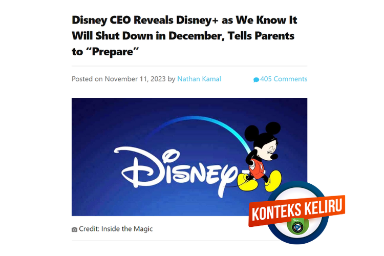 Konteks keliru, layanan Streaming Disney+ ditutup pada Desember 2023