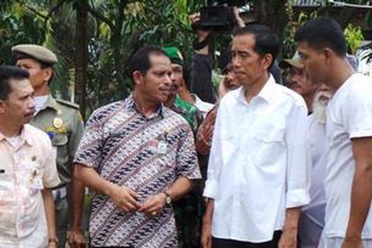 Gubernur DKI Jakarta Joko Widodo bersama Kepala Camat Pondok Labu Said Ali (kiri) saat meninjau Kali Krukut, di Pondok Labu,  Cilandak,  Jakarta Selatan, Kamis (21/2/2013).