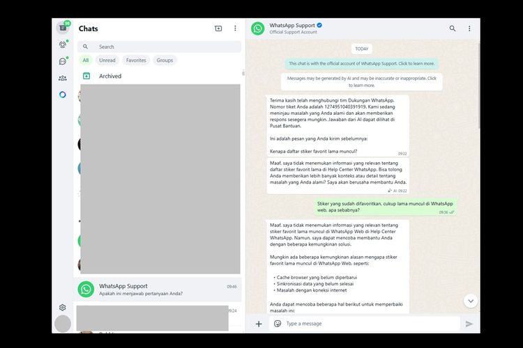 tampilan fitur chat dengan tim WhatsApp langsung dari WhatsApp web