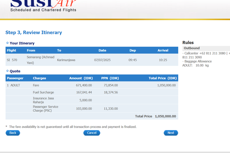 Harga tiket penerbangan Susi Air dengan rute Semarang-Karimunjawa.