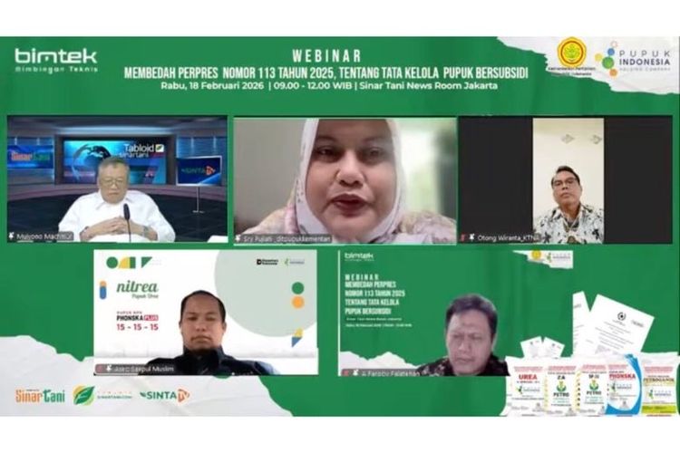 Webinar bertajuk Membedah Perpres Nomor 113 Tahun 2025 tetang Tata Kelola Pupuk Bersubsidi yang diselenggarakan Sinar Tani, Rabu (18/2/2026). 