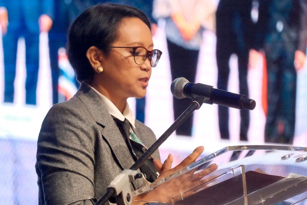 Menteri Luar Negeri Retno LP. Marsudi, pada Conference on Foreign Policy of Indonesia, di Kota Kasablanca Jakarta, Sabtu (30/11/2019).