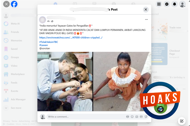 Tangkapan layar konten hoaks di sebuah akun Facebook, Rabu (14/5/2025), mengenai 47.000 akan India lumpuh akibat vaksin polio.