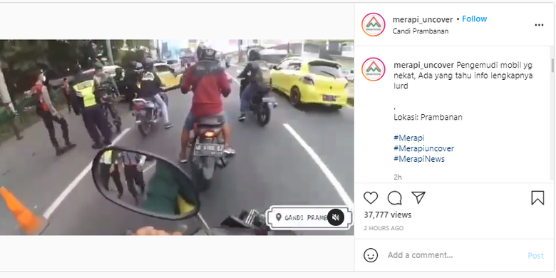 Tangkapan layar video mobil VW kuning kabur dari pos penyekatan mudik dan menabrak polisi yang bertugas di Prambanan, Klaten pada Minggu (9/5/2021)