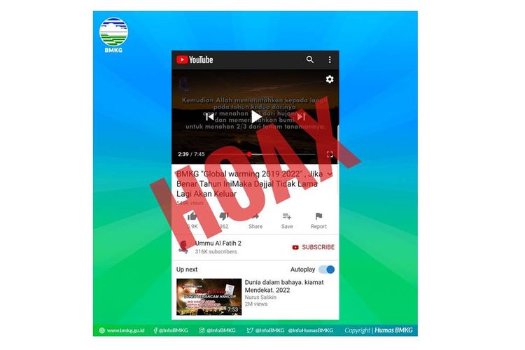 BMKG menyatakan konten Youtube yang menyatakan akan terjadi kekeringan panjang pada 2020 adalah hoaks atau tidak benar.
