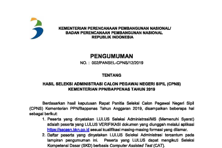 Tangkapan layar pengumuman hasil seleksi administrasi CPNS 2019 Kementerian PPN/Bappenas