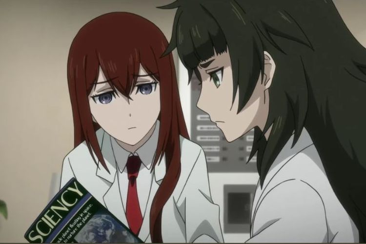 Salah satu adegan dalam anime Steins;Gate, menampilkan karakter Makise Kurisu (kiri) dan Maho Hiyajo (kanan).