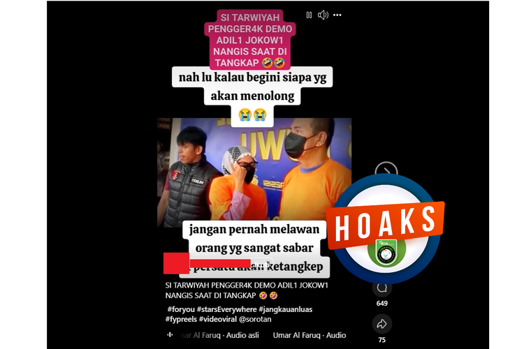 Tangkapan layar Facebook narasi yang mengeklaim penggerak demo Adili Jokowi ditangkap aparat
