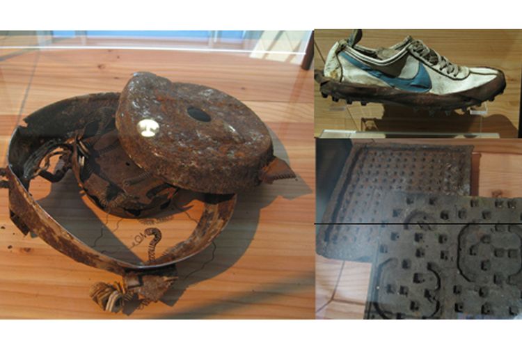 Alat pencetak waffle dan sol karet edisi awal sepatu Nike yang dicetak menggunakan alat tersebut.