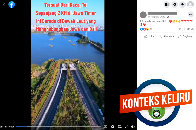 Tangkapan layar unggahan dengan konteks keliru di sebuah akun Facebook, 17 Juli 2023, menampilkan jembata bawah air yang diklaim sebagai pembangunan tol bawah laut Jawa-Bali.