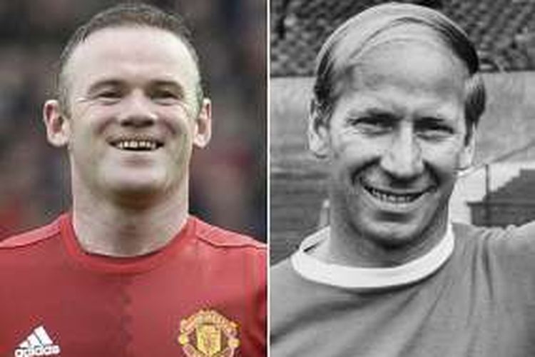 Kapten Manchester United, Wayne Rooney (kiri), dan legenda klub, Sir Bobby Charlton.