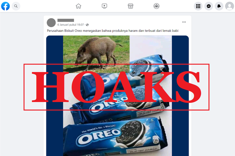 Tangkapan layar unggahan dengan narasi hoaks di sebuah akun Facebook, Jumat (6/1/2023), soal pernyataan produk Oreo haram dan terbuat dari lemak babi.