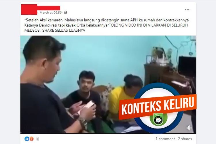 Tangkapan layar Facebook narasi yang menyebut aparat menjemput mahasiswa yang melakukan demosntrasi pada Maret 2024